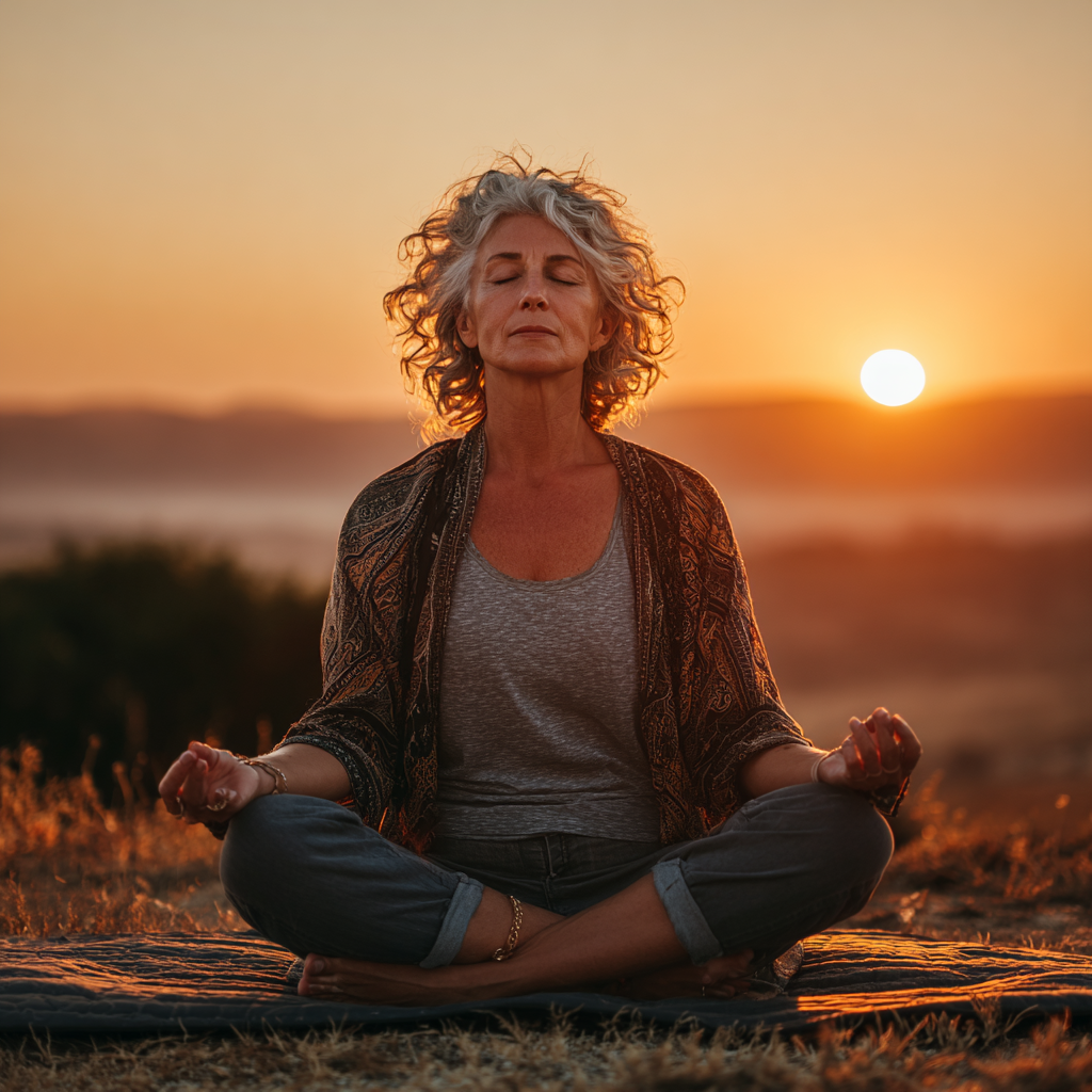 A mature woman around 50 years old sitting peacefully outdoors on a yoga mat during sunrise, practicing breathing exercises with her hands in a mudra position, surrounded by soft morning light and nature